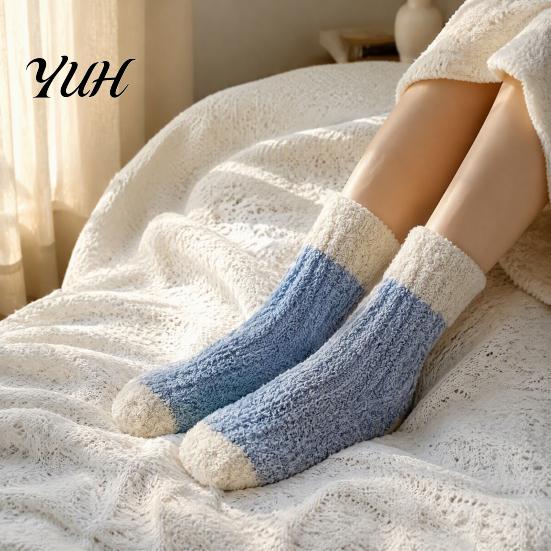 Warm Crew Socks for Winter Thickened Long Plush Women, Coral Fleece Socks, Warmth Autumn Thermal Sleep Anti-static Contrast Color Indoor Cozy Hosiery