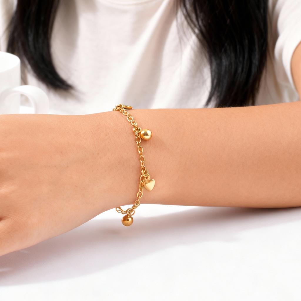 18K Gold Plated Round Beads Heart Charm Bracelet for Women, Stainless Steel Adjustable Bracelets, Dainty Waterproof Jewelry