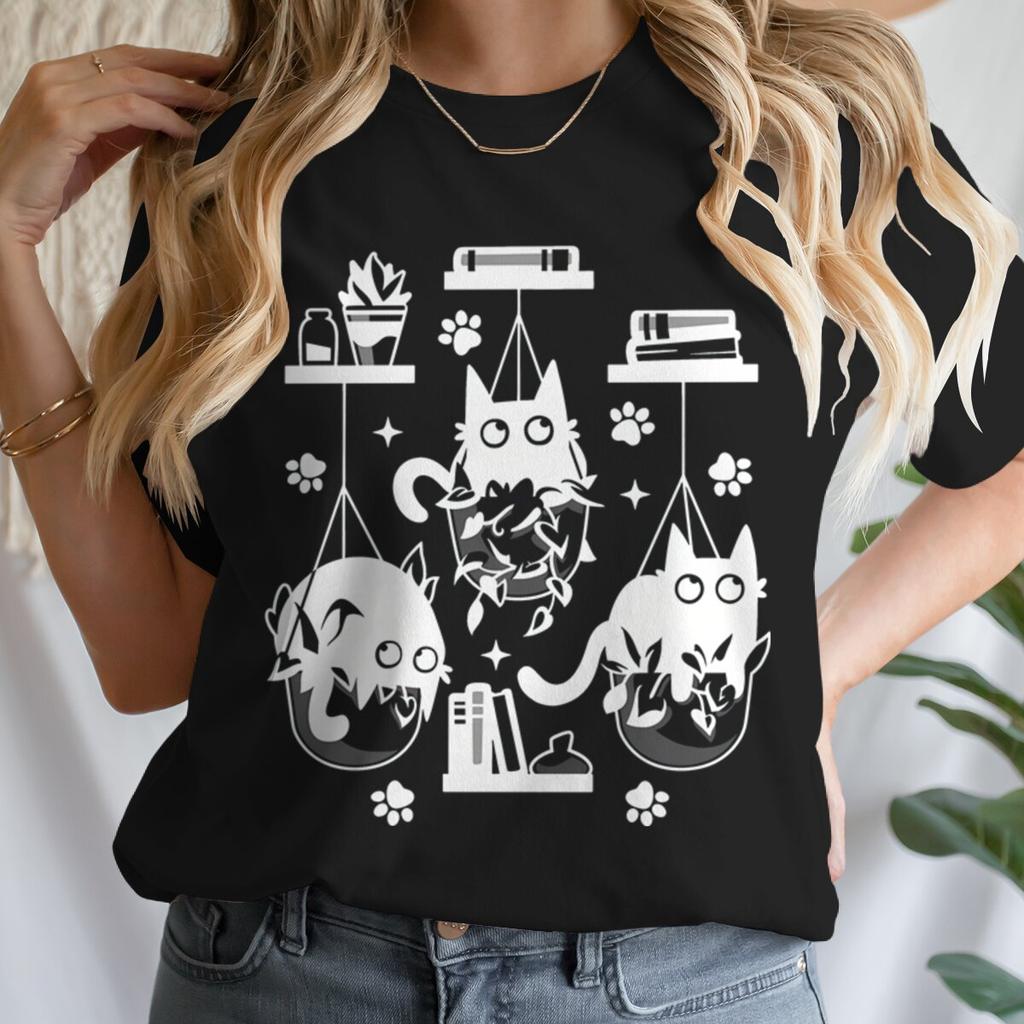 Women T-shirts New Ladies Casual Female Clothes Tops Black Cat Books Print Ladies Tees Tshirt Cartoon Graphic T-Shirt Clothing