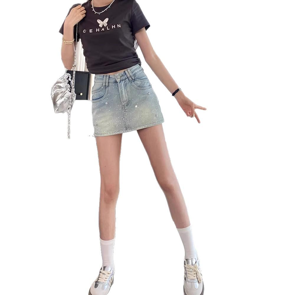 2024 Hot Rhinestone Denim Mini Skirt: Slimming Spicy Girl Summer Style for Women