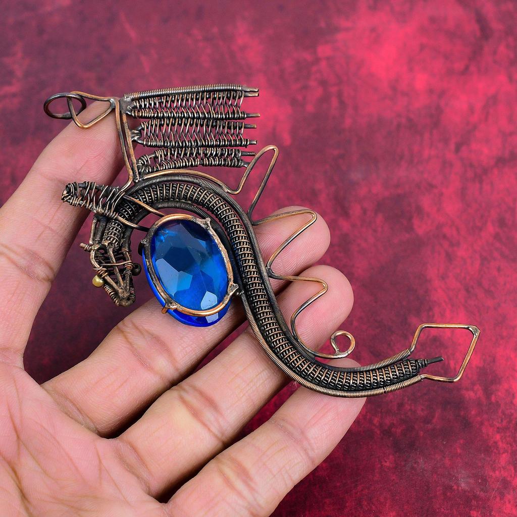 Faceted London Blue Topaz Pendant Copper Wire Wrapped Gemstone Pendant Handmade Dragon Pendant Copper Wire Wrapped Jewelry Gifts for Friend
