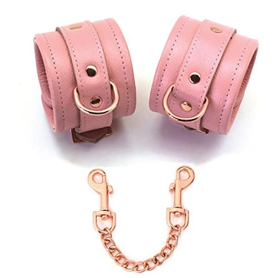 Liebe Seele SM Goods Restraints Genuine Queen High-end Collar, Handcuffs, Set, Leather, Cosplay, Training, (Pink)