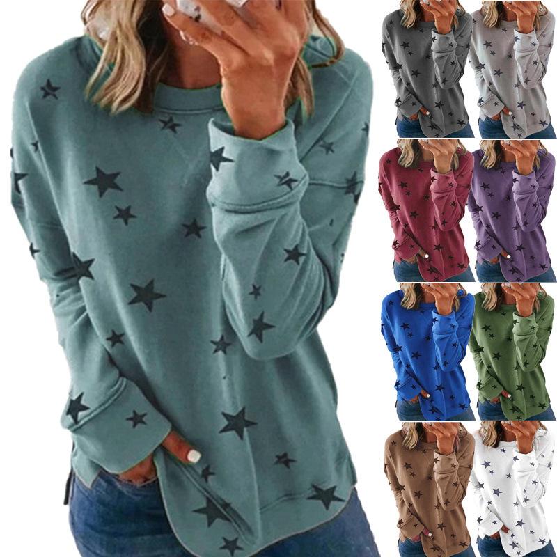New European American Women's Loose Long-sleeved Star T-shirt Top Casual Versatile Print Pullover Sweatshirt