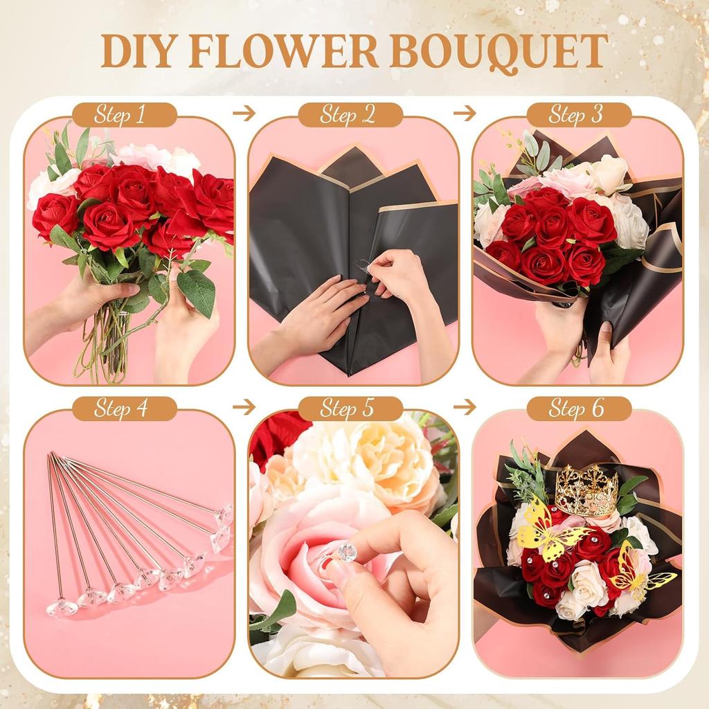 Qeeenar 40 Sheets Flower Bouquet Wrapping Paper Waterproof Florist Bouquet Packaging Paper with 3 Pcs Crowns 48 Pcs 3D Butterflies Decor 100 Pcs