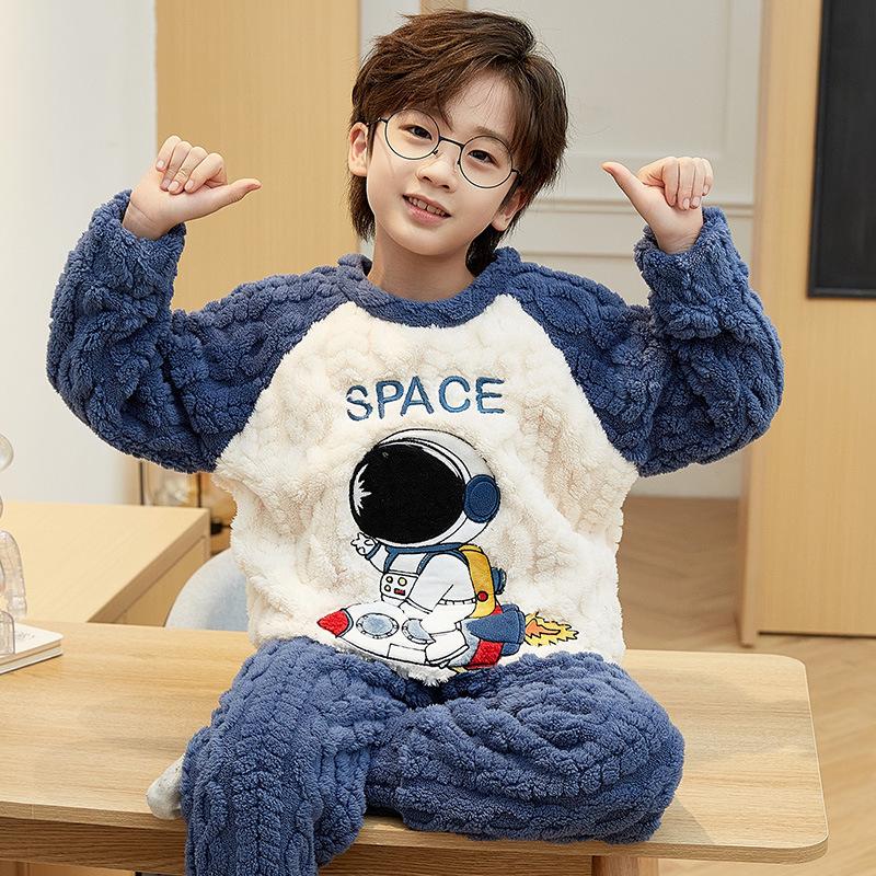 New Boys' Flannel Pajama Set - Warm Autumn/Winter Coral Fleece
