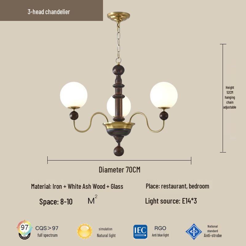 Mid-Century Wabi-Sabi Solid Wood Chandelier - Retro French Style for Bedroom, Restaurant, or Hallway Includes Full-spectrum Tricolor Light