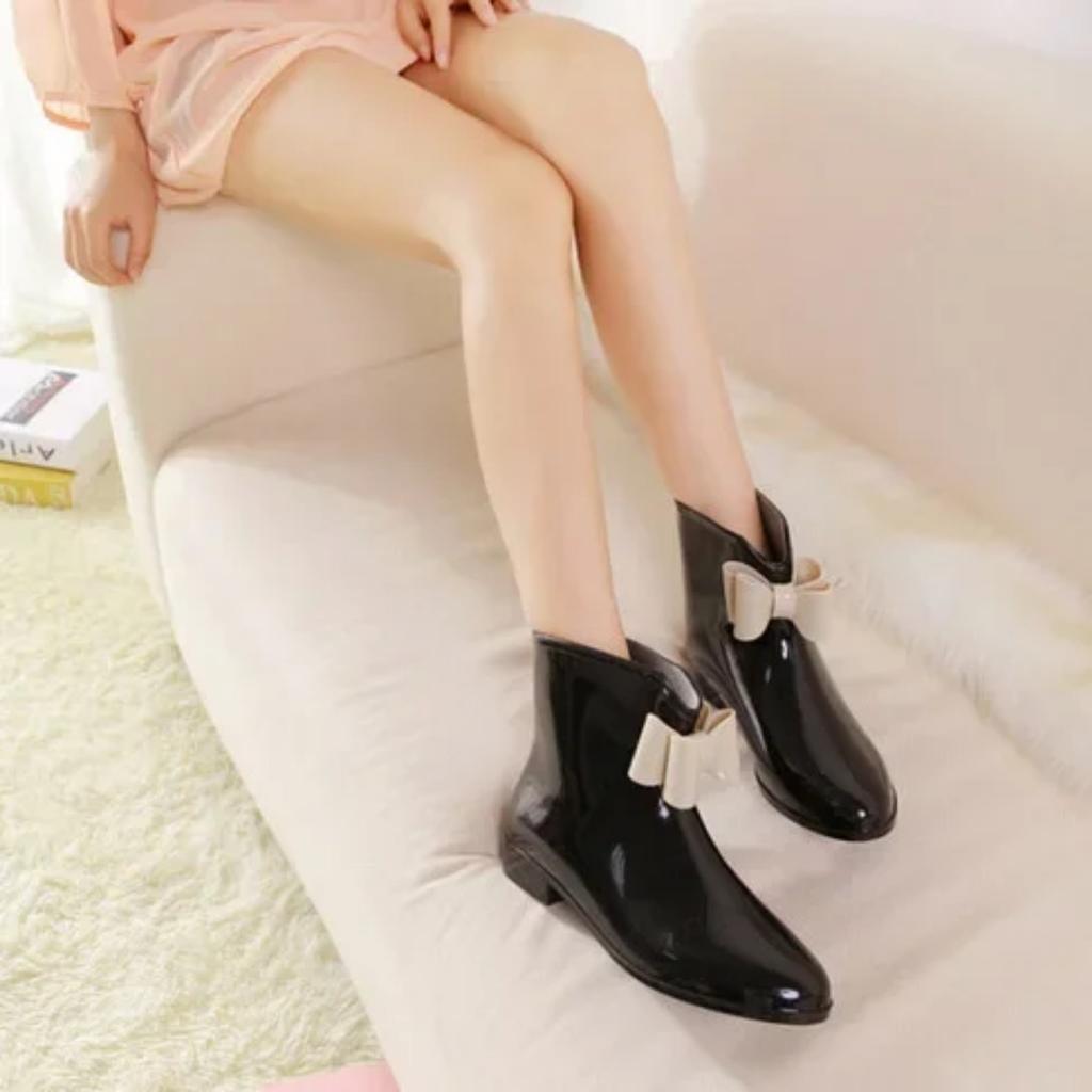 Women's Rain Shoes Short-tube Spring and Autumn Rain Boots Knot-bow Low-top Boots White-collar Waterproof Shoes Rubber Overshoes