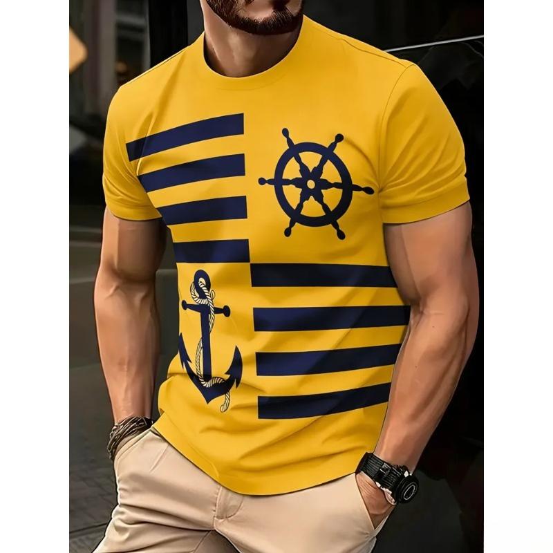 Nautical Anchor Rudder Striped Men's Crew Neck Short Sleeve T-Shirt, Navy Casual Top