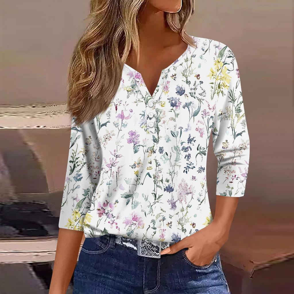 Damska koszulka T-shirt z nadrukiem Rękaw 3/4 Codzienny weekend Moda Podstawowy Dekolt w kształcie litery V Regularny top