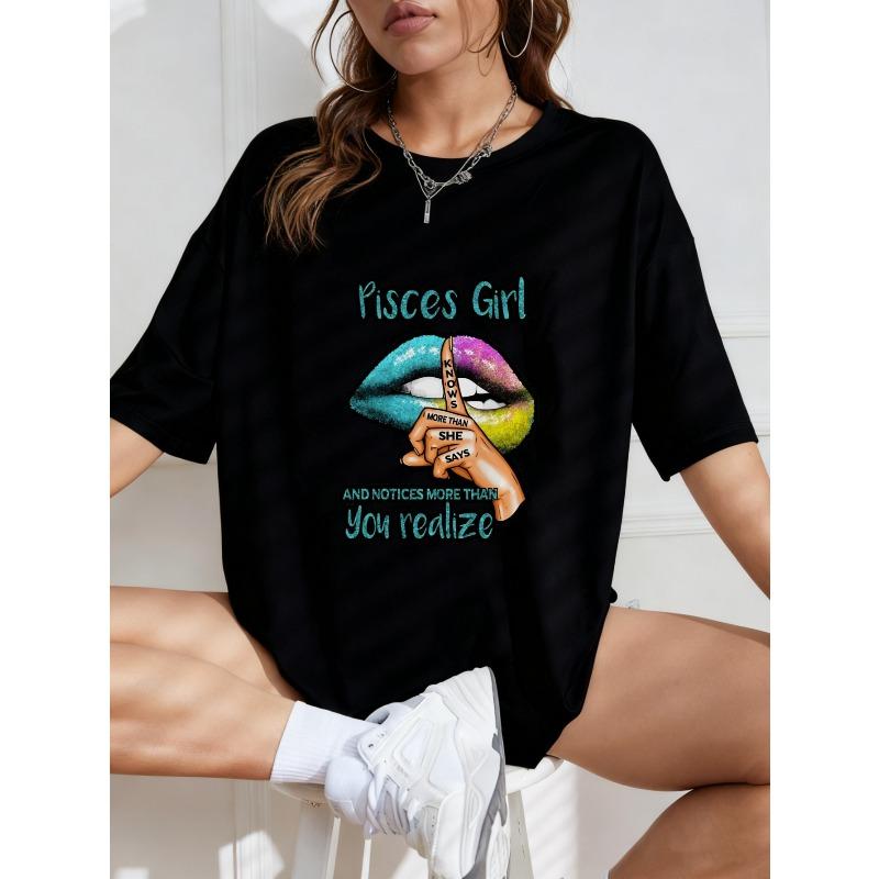 White T Shirt With Pisces Girl Rainbow Lips And Text Design For Casual Wear
