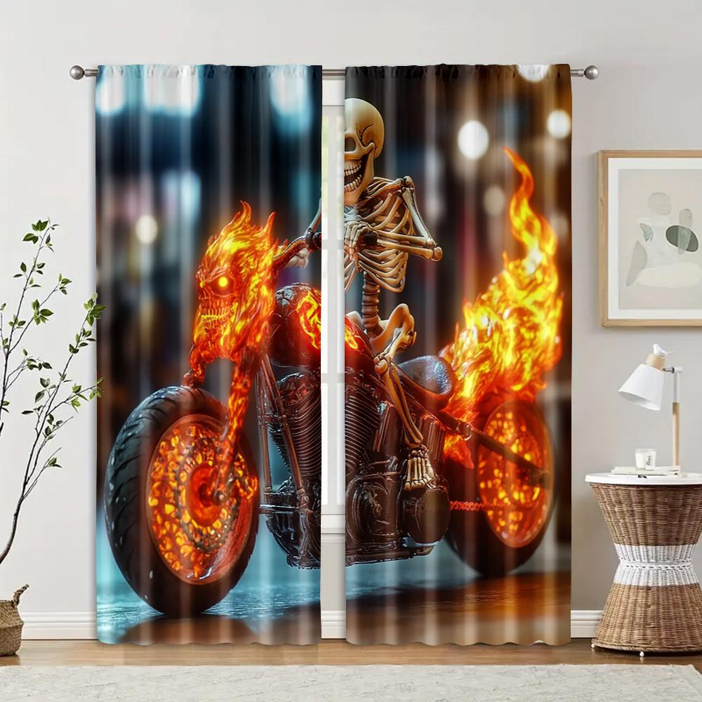 

2 pcs, filtering curtains (excluding rods, non-movable, without batteries) Flame Skull Motorcycle 29x65in(75x166cm)