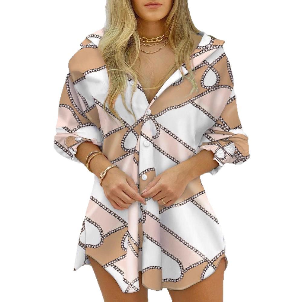 European & American Style Ruched V-Neck Button Print Long Sleeve Slimming Shirt Dress