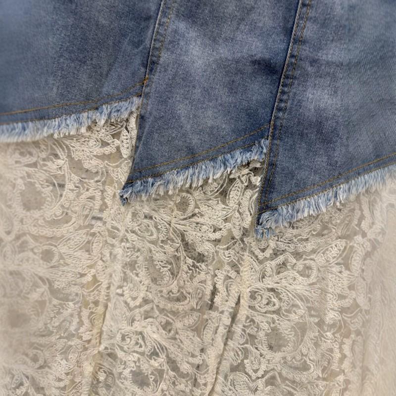 Vintage Spłowiały Koronkowy Patchworkowy Jeansowy Midi Spódnica Wysoki Stan Linia A Damska Codzienny Elegancki