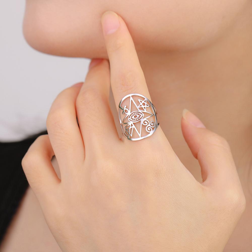 Dawapara Coexist Spiritual Symbols Adjustable Ring Good Luck Amulet Peace Unity Religious Dharma Wheel of Life Stainless Steel