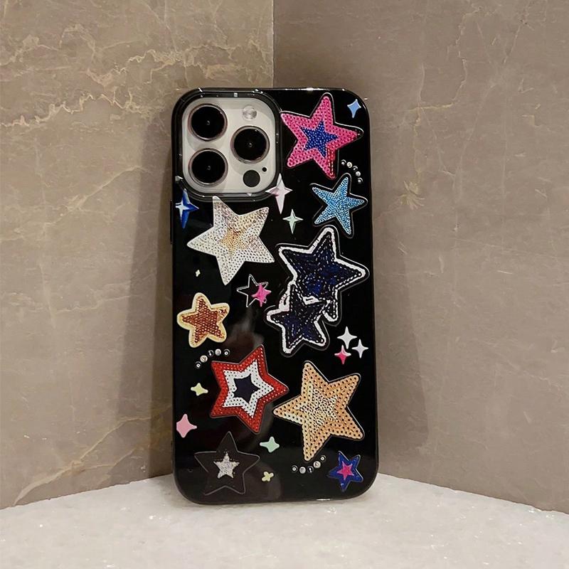 Korean Lovely Colorful Stars Phone Case For iPhone 11 12 13 14 15 16 Pro Max Plus XR X XS 7 8 Plus SE2 Glossy Black Soft Cover