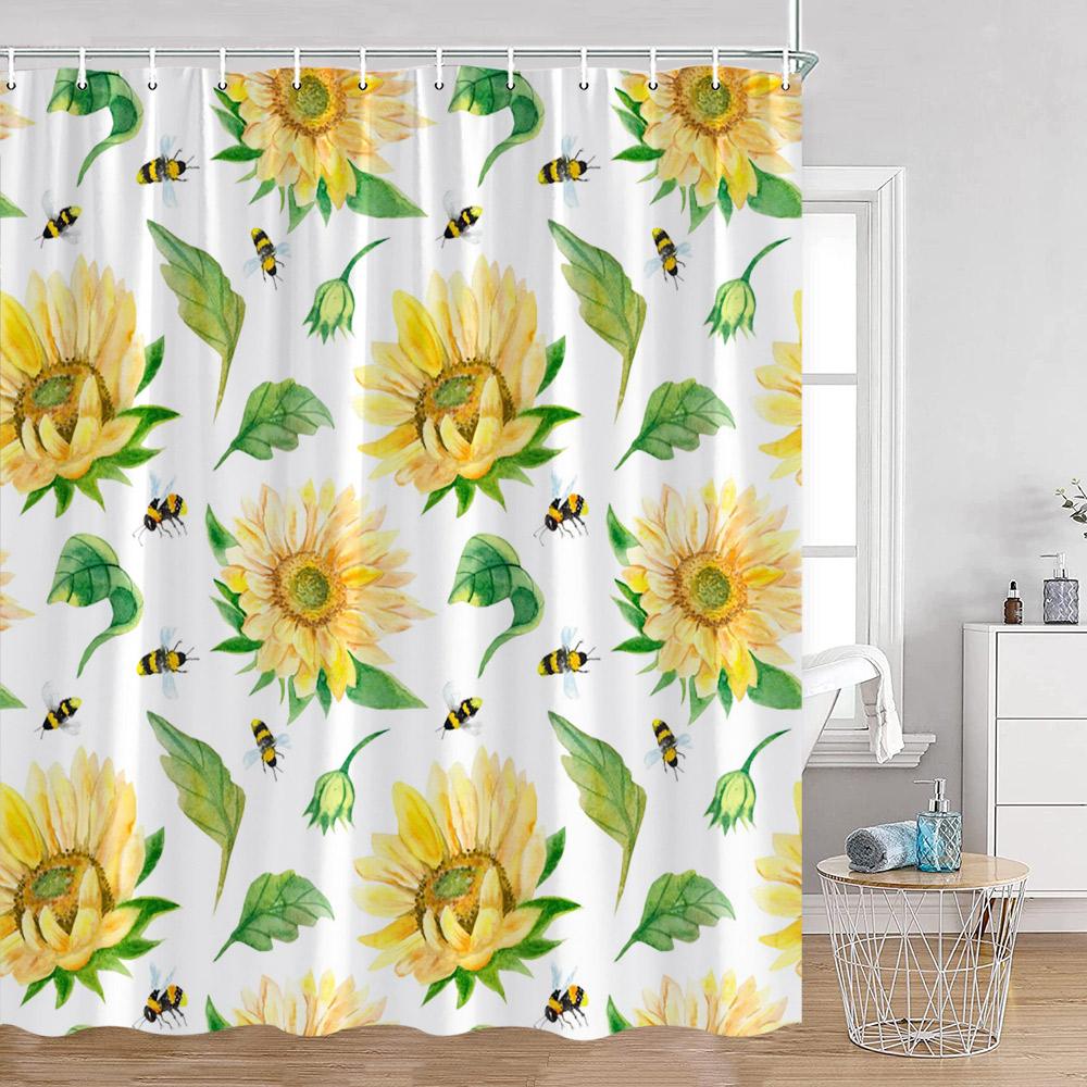 Sunflower Floral Shower Curtains Spring Plants Birds Butterfly Green Leaves Bathroom Curtain Modern Polyester Fabric Bath Decor