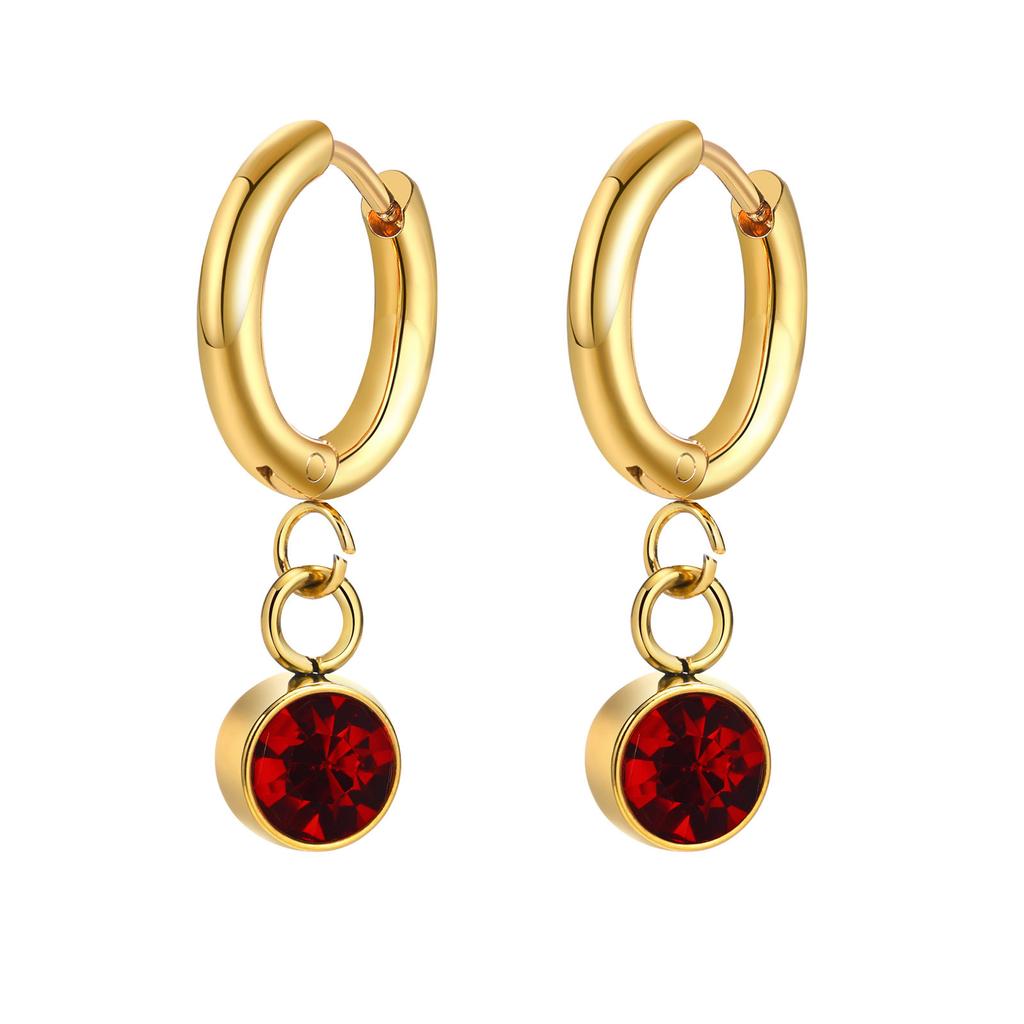 12 Colors Birthstone Huggie Earrings for Women, PVD Gold Color Tone Stainless Steel Brilliant AAA Cubic Zirconia Dangle Ear Clip