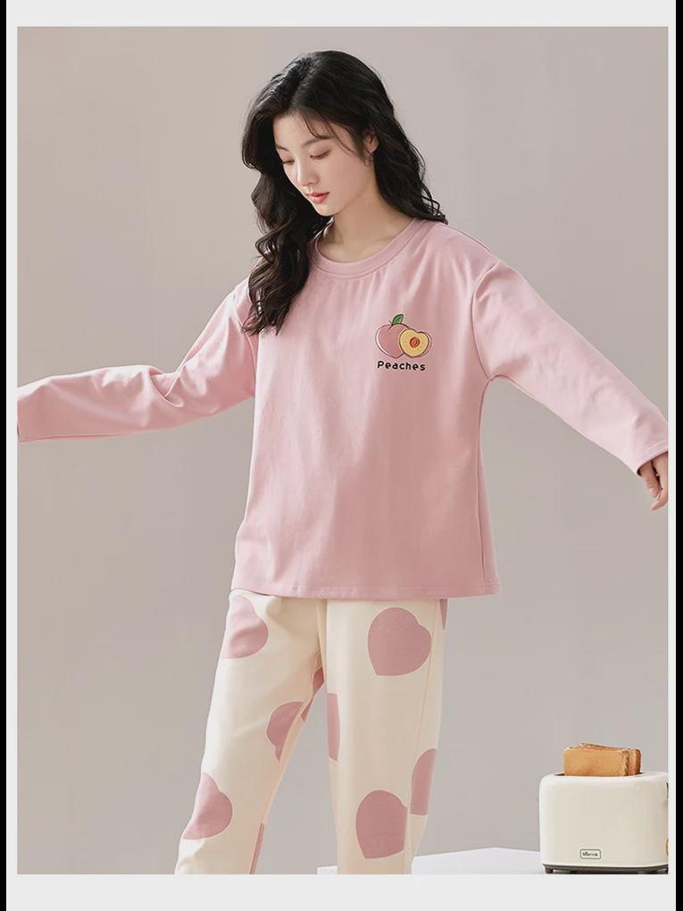 Women's Cartoon Long-Sleeve Pajamas with Chest Pads - Lightweight Home Loungewear for Autumn and Spring