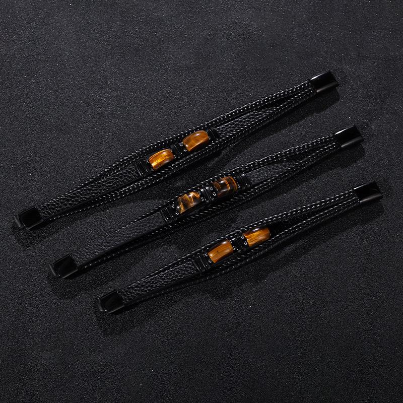 Men's Retro-style Leather Bracelet, Tiger Eye Stone Bracelet, Stainless Steel Bracelet