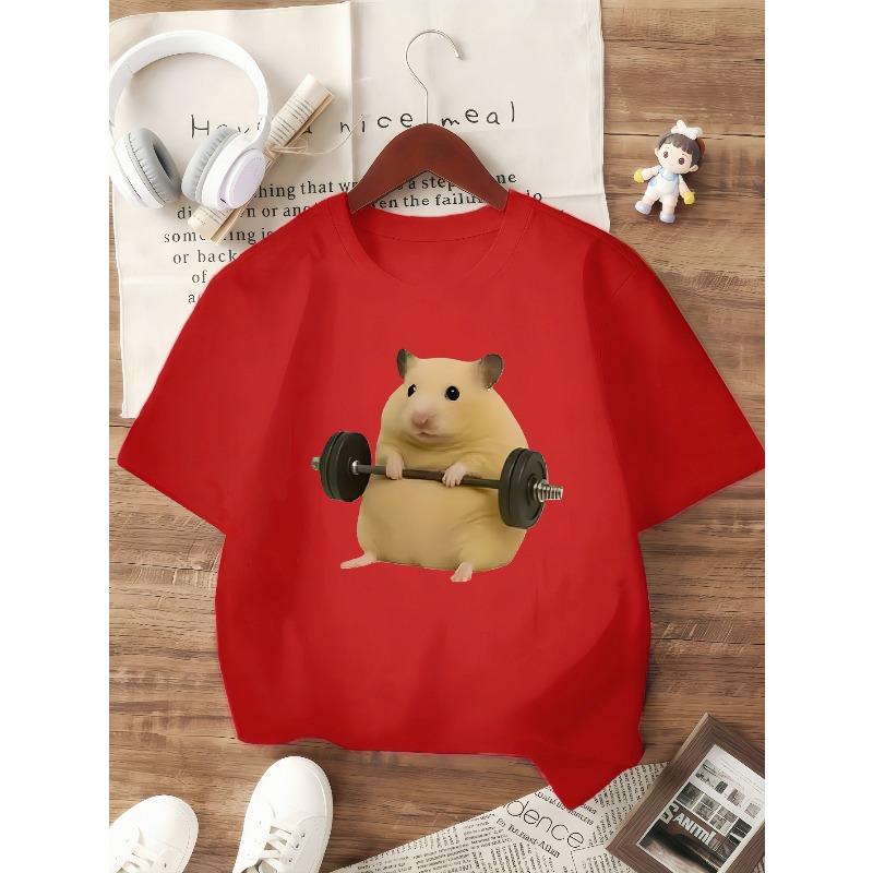 European sizes Cute Short-Sleeved T-Shirt for Girls Featuring a Round Neck And a Fun Sports Theme with a Cartoon Hamster Lifting Weights