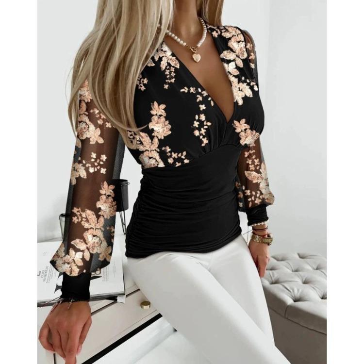 Sexy V Neck Lace Patchwork Shirt Long Sleeved Autumn Blouse for Women
