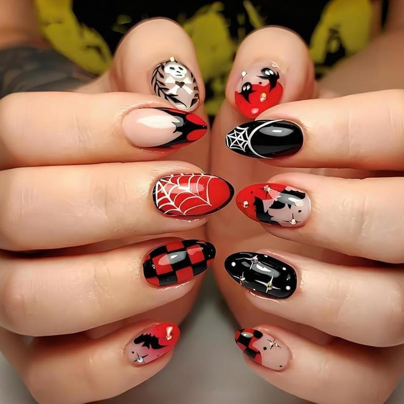 24Pcs Halloween Press on Nails Short Oval Fake Nails with Ghost Pumpkin Design Almond Cute Halloween Nails Press ons Gel Acrylic Glue on Nails