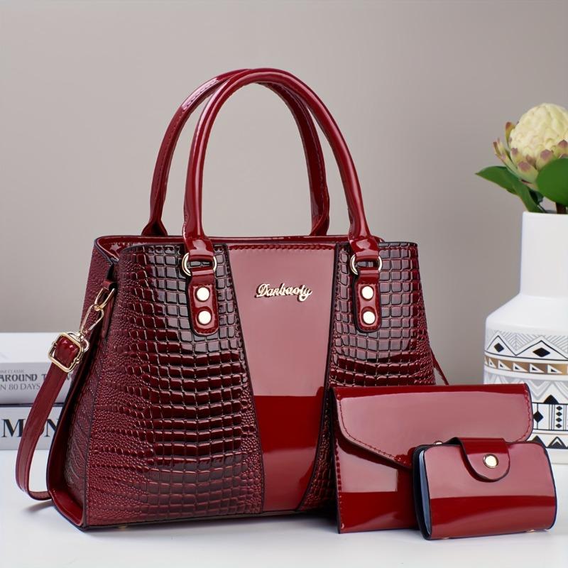 3-teiliges Elegantes PU Handtaschen-Set, Krokodilmuster Große Kapazität Umhängetasche mit Münzfach und Kartenhalter, Geprägte Tragetasche