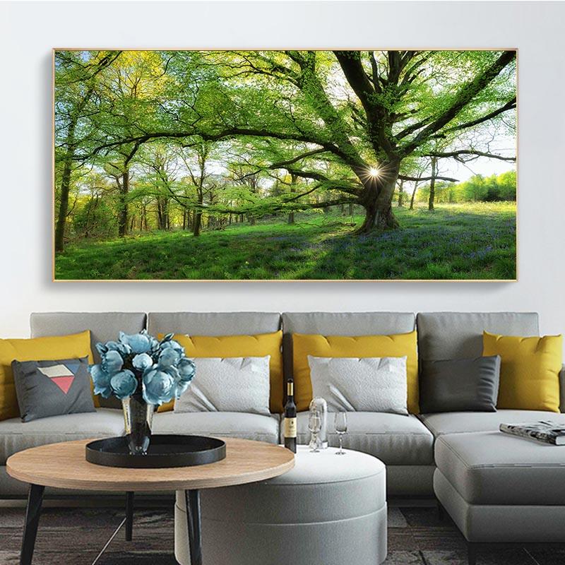 Landscape Sun Green Pink Forest Trees Leaf Canvas Painting Modern Pictures for Cuadros Living Room Home Wall Art Decor No Frame No Frame