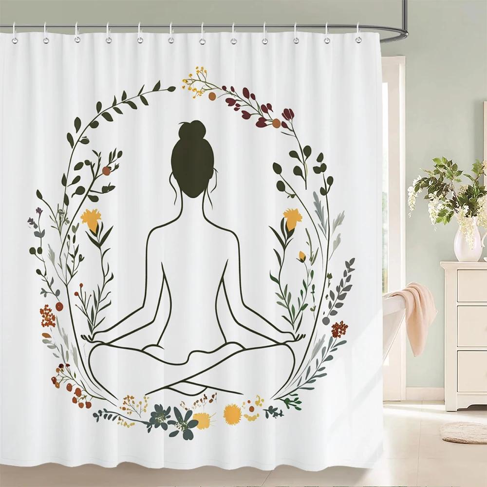 

Abstract Bohemian style, Artistic Leaf Woman Shower Curtain Floral Printed Bathroom Bath Curtain Home Decor Curtain With Hooks W90xH180cm