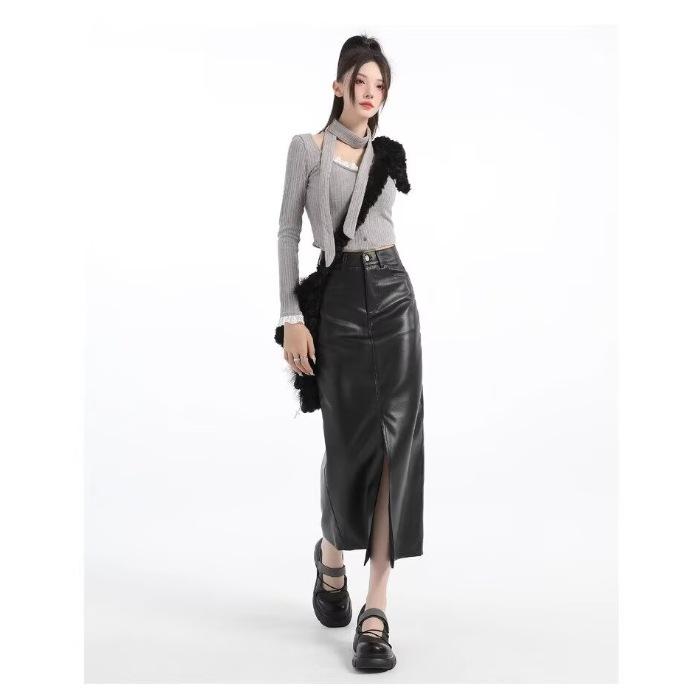 

Retro pu leather skirt skirt women s large size fat mm autumn and winter new hip skirt high waist and thin meat-covering split skirt S