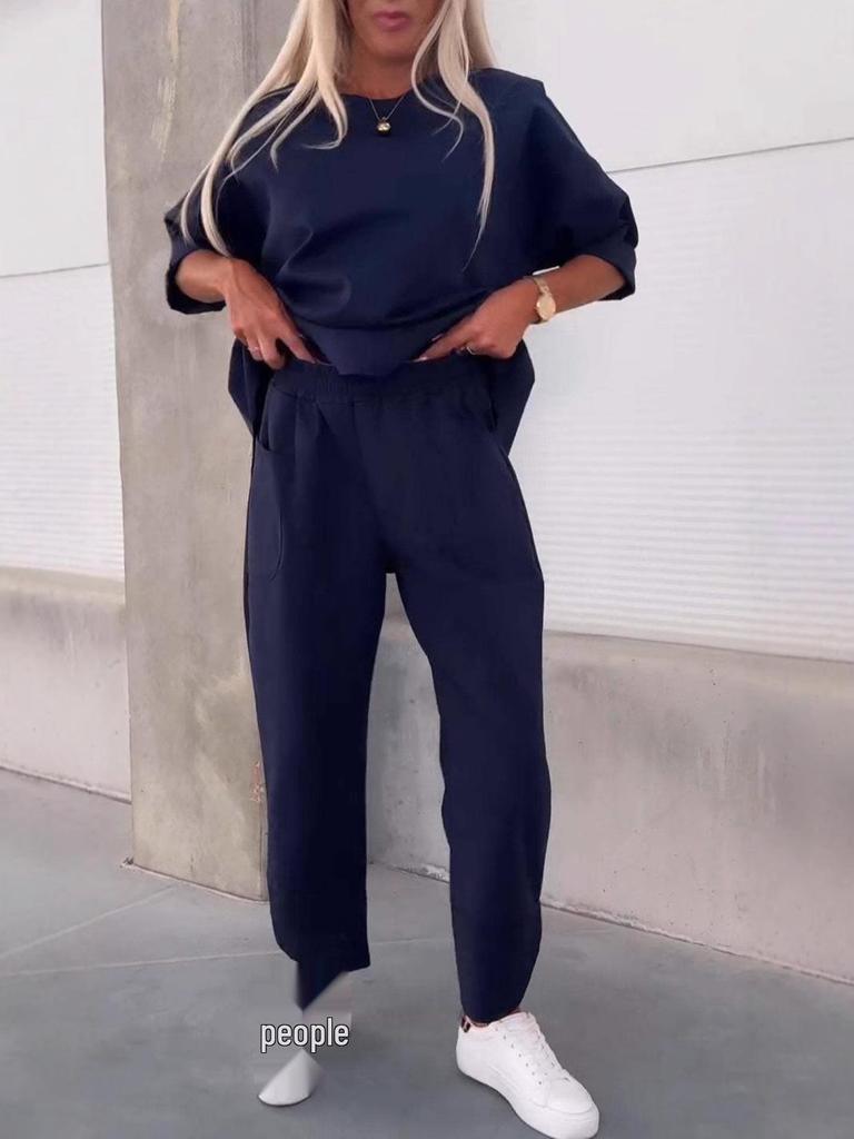 2024 Autumn/Winter Women's Solid Crew Neck Long Sleeve Set with Pocket Pants.