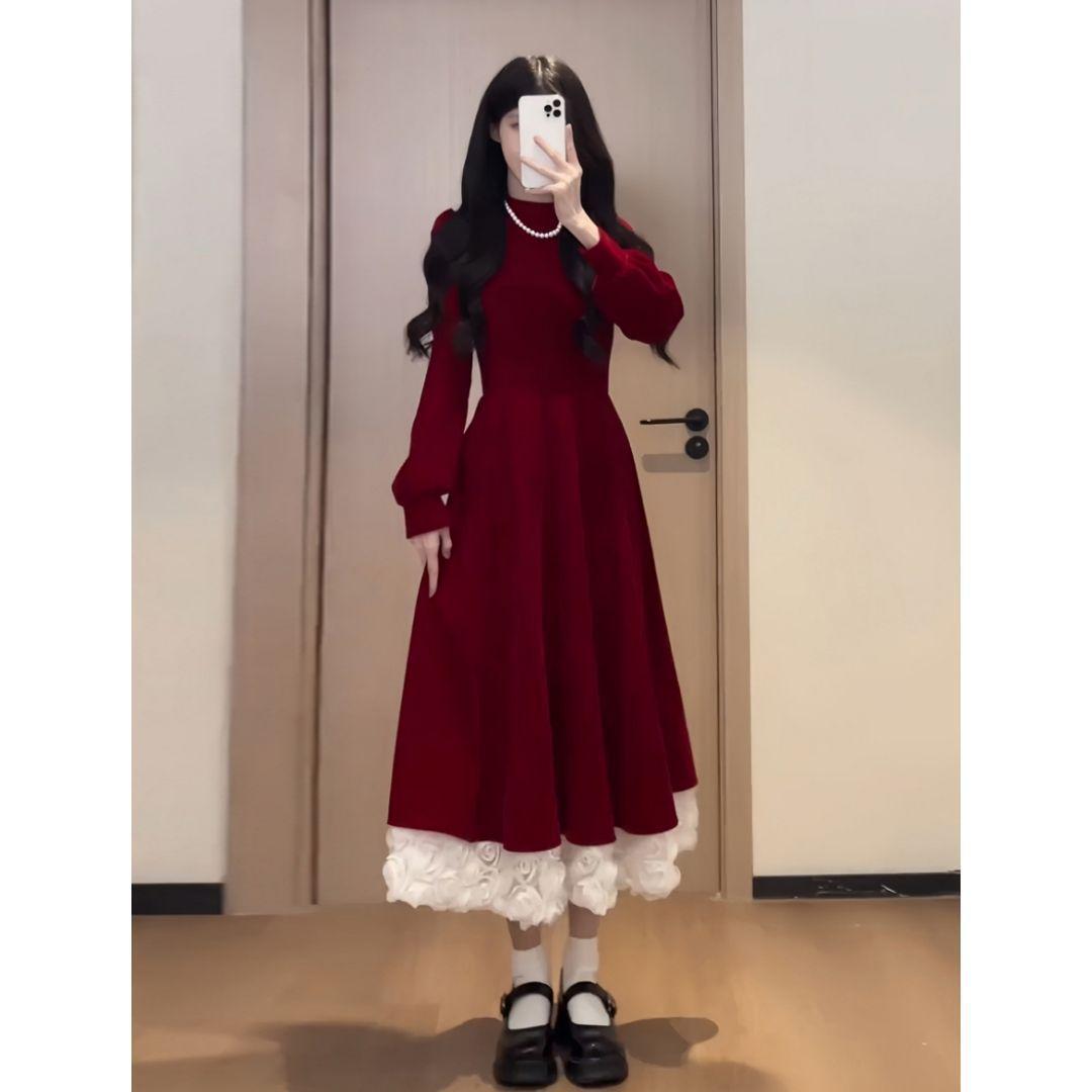 Elegant French Velvet Dress: Women s Waist-Cinching Patchwork for Autumn/Winter M [up to 105 lbs]