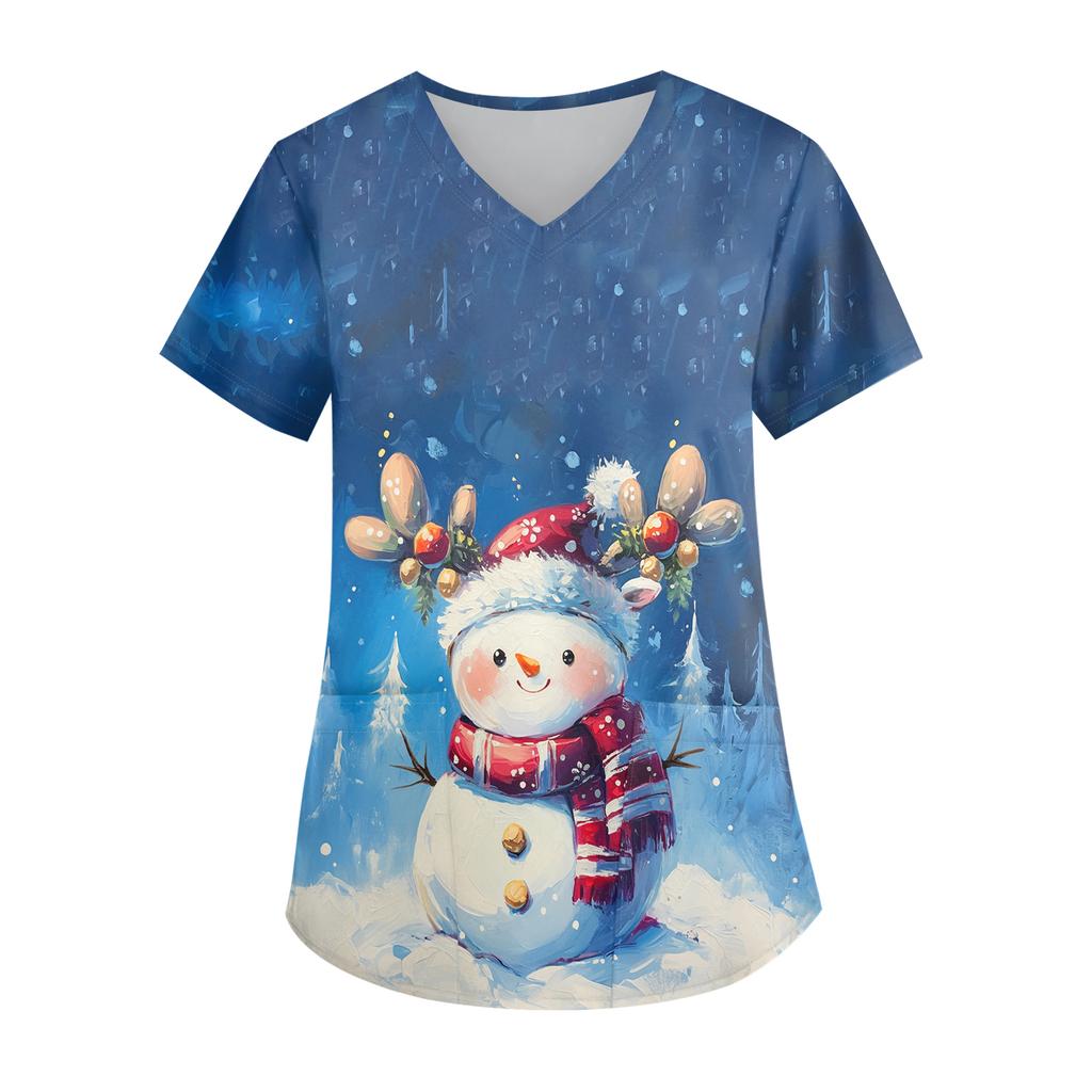 Ladies' Christmas Printed Fashionable V-neck Pocket Short Sleeved Uniform And Caregiver Top
