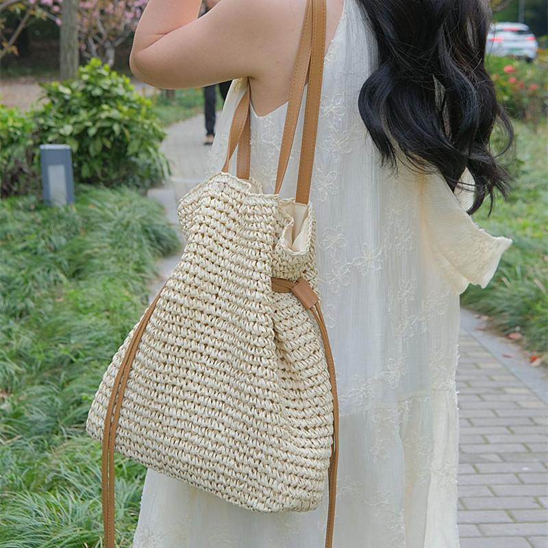 New drawstring hook woven bag single shoulder crossbody woven women s bag large capacity straw woven bag