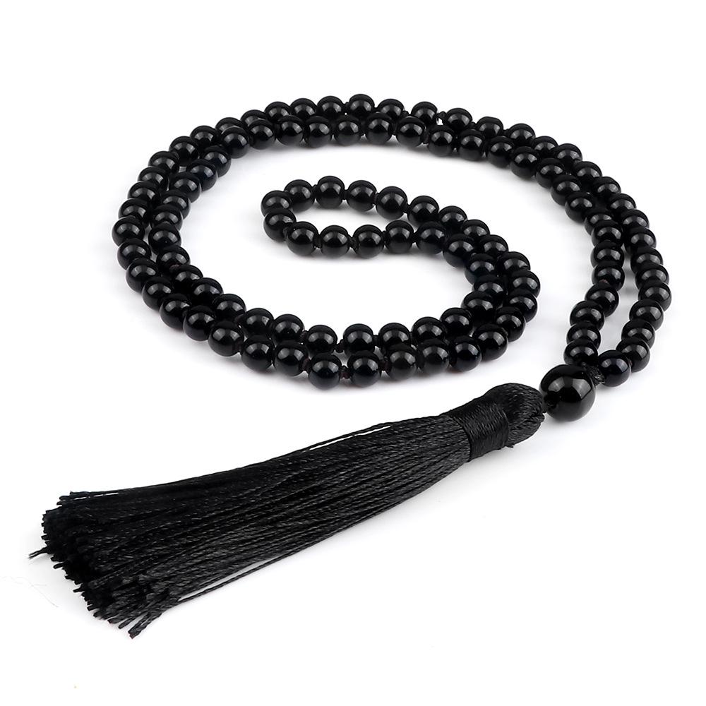 Unisex 6mm Stone Beads Necklace with Tassel - 108 Beads, Knot Between Each, Versatile Style