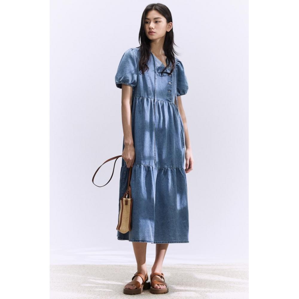 

H M puff sleeve dress denim blue