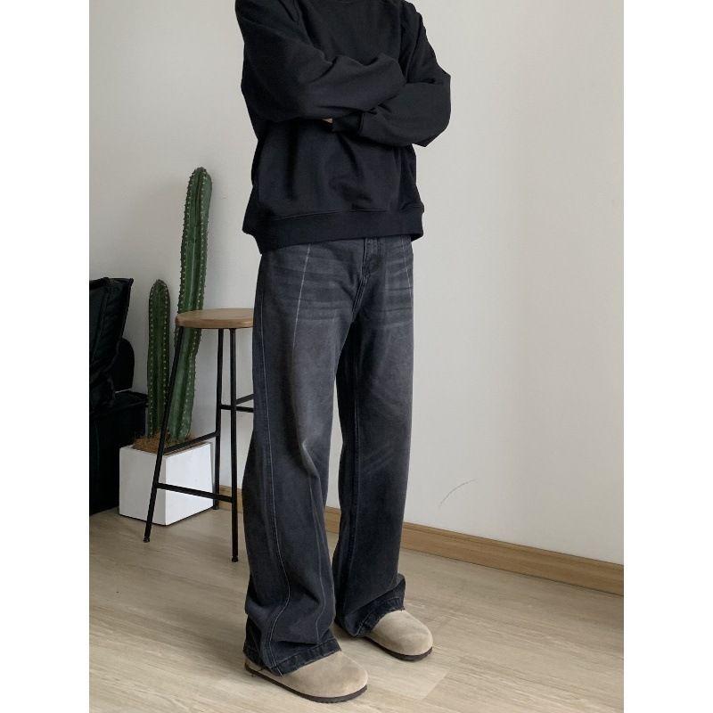 Herren Oversized Schwarzes Sweatshirt & Dunkelgraue Weitbeinige Jeans Lässiges Streetwear Set