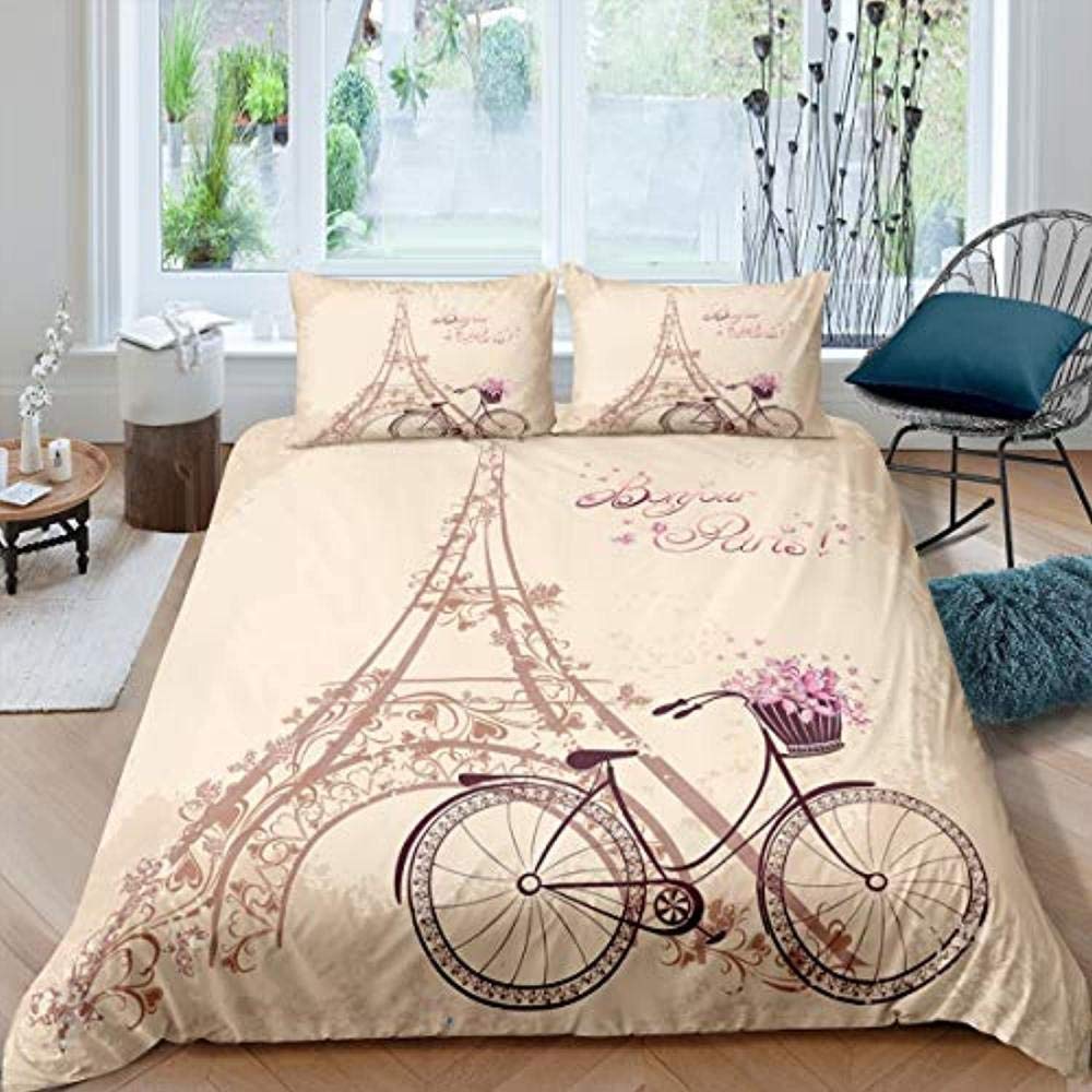 Pink Bicycle Duvet Cover For Girls Women Twin Full King Size,Roses Flower Bedding Set Bike Floral Green Leaves Comforter Cover