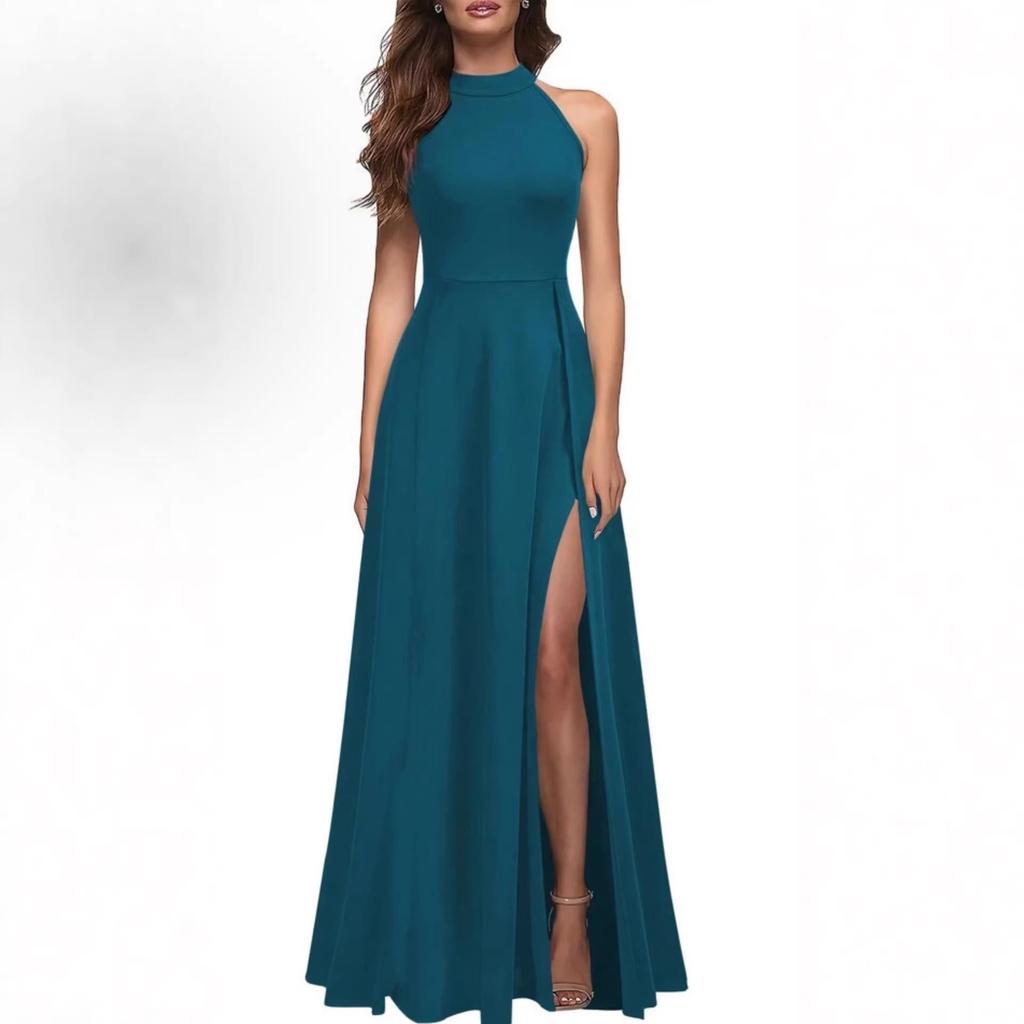 Women's Halterneck Sexy Evening Gown - Summer 2026 Slit Banquet Long Dress, Solid Color Formal Wear