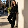 Autumn Winter Home Wear Women Velvet Top Pants Set for Fall Winter, Casual Lapel Collar Lounging Apparel & Wide Leg Trousers with Pockets, Loose