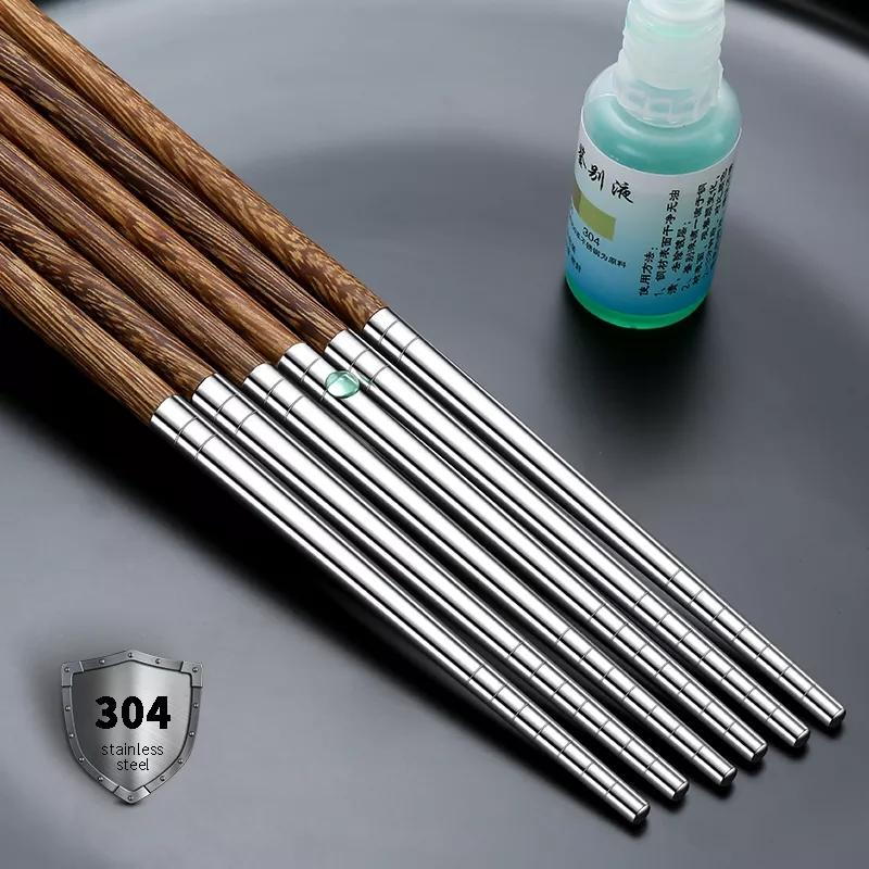 Wood Handle Chopsticks Stainless Steel Chopstiacks Household Pointy Chinese Chopsticks Sushi Tableware Non-slip Chopsticks Set