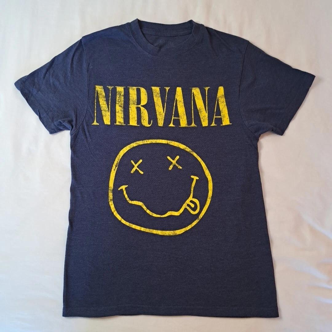 Nirvana Women s Smiley Face Blue Cotton Grunge Band 90 s Retro Size Small 4XL