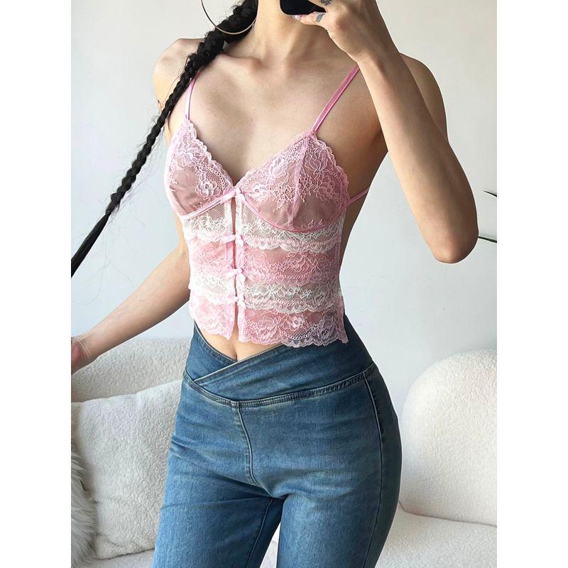 # Sisjuly# French Sweetheart Young Adult Cute Pink Lace Beautiful Back Small Sling Women's Easiest for Match Shoelace Vest