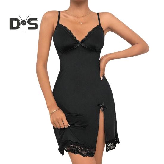 Γυναικείο Νυχτικό V Λαιμόκοψη Ανοιχτή Πλάτη Αμάνικο Φιόγκος Δαντέλα Φλοράλ Κέντημα Νυχτικό με Σπαγγέτι Λουράκια Σκίσιμο στο Πόδι Νυχτικό για Ημέρα του Αγίου Βαλεντίνου Νύχτα Γάμου