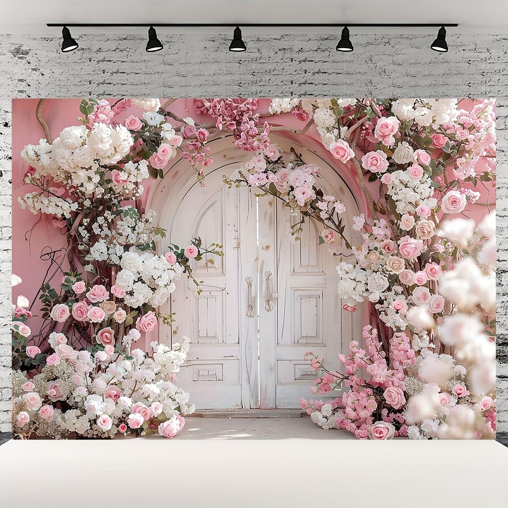 Mehrzweck-Polyester-Fotohintergrund - romantischer Rosenbogen und weiße Tür