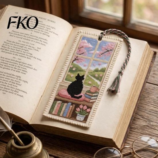 Delicate Stitching Bookmark DIY Stitch Kit for Adults Beginners, Seasonal Cat Retro Handmade Embroidery Kit, Gifts Lovers, Readers Craftsmanship