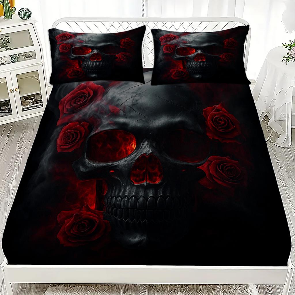3pcs Fitted Sheet Set Gothic Style Skull Flowers Print 100% Polyester Breathable Bedding Set for Home Decor with 2 Pillowcases