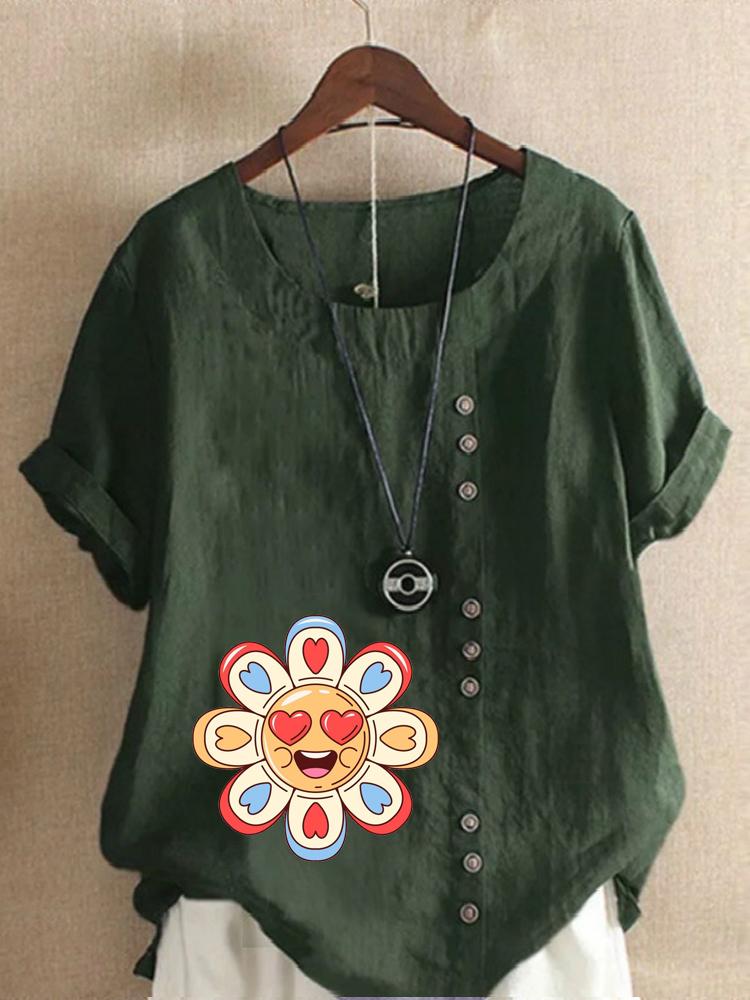 Women's Fashion Love Petal Print Round Neck Short Sleeve T-shirt Casual Cotton Linen Graphic Shirt Leisure Loose Summer Blouse Tops