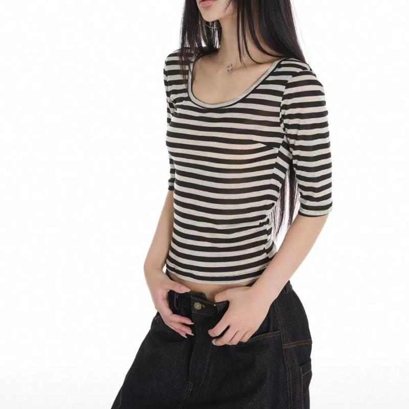 

Американский Ретро Полосатый С коротким рукавом Круглый вырез Приталенный Летний Новый Слегка Прозрачный Облегающий Универсальный Базовый Топ для Женщин S чёрный