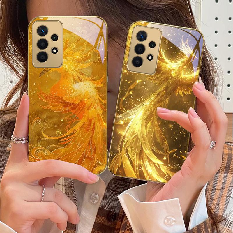The golden red phoenix For Samsung A 01 52S A04 A05S A10 A12 13 22 23 24 36 42 M02 Note 10 20Ultra 8 9 Golden glass phone case